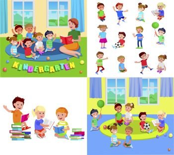 Cute vector child playing with ball, read book . Cheerful, happy kid illustration. Detailed character. Vector for Celebration children day, fun. Vector for Celebration children day, fun child.