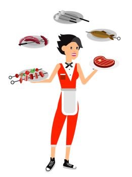 Vector character girl on picnic or Bbq party. Chef cooking steaks on grill.. Vector character girl on picnic or Bbq party. Chef cooking