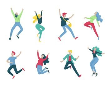 Jumping character in various poses. Happy positive young women rejoicing, happiness, freedom, motion people concept.. Jumping character in various poses. Happy positive young men or women rejoicing together, happiness, freedom