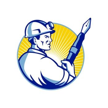 Mascot icon illustration of a coal miner holding a fountain pen looking forward set inside circle viewed from side on isolated background in retro style.. Coal Miner Fountain Pen Mascot