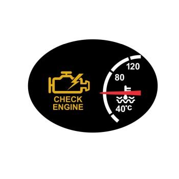 Icon retro style illustration of a dashboard with check engine sign or symbol warning  and temperature gauge on black oval on isolated background.. Check Engine Warning Symbol Icon