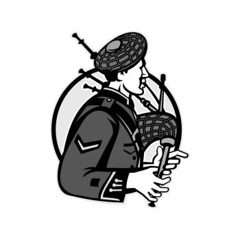 Illustration of a scotsman bagpiper playing bagpipes viewed from side set inside circle on isolated white background done in black and white grayscale retro style. . Bagpiper Bagpipes Scotsman Grayscale Retro
