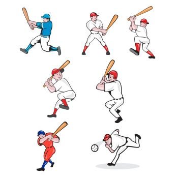 Set or collection illustration of American baseball player, pitcher or batter, batting, pitching or throwing ball cartoon style isolated on white background.. Baseball Player Cartoon Set