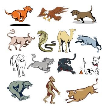 Set or collection of cartoon character mascot style illustration of farm animal and wildlife like dog, cow, bear, ape, eagle, camel, snake, wild boar and panther on isolated white background.. Farm Animal and Wildlife Mascot Cartoon Set