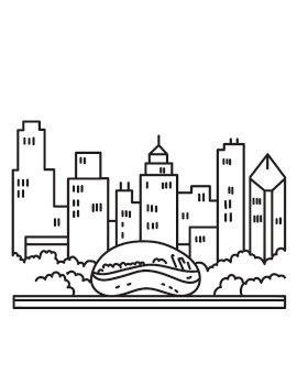 Mono line poster illustration of Chicago downtown skyline with the Bean landmark or Cloud Gate sculpture on top of Park Grill on Lake Michigan in Illinois, USA done in monoline line art style.. Chicago Downtown Skyline with the Bean or Cloud Gate Sculpture on Park Grill Lake Michigan Illinois USA Mono Line Art Poster 
