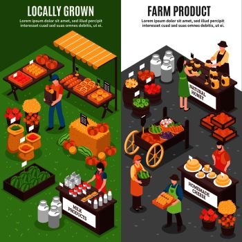 Market vertical banners set with isometric compositions of organic funfair locally grown natural farm products sale vector illustration. Organic Market Vertical Banners