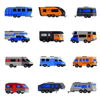 Colored and isolated isometric camping vehicles icon set with trailers and hindcarriages vector illustration. Camping Vehicles Icon Set