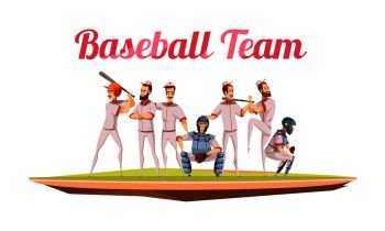 Baseball team retro composition with athletes in uniform and helmets holding baseball bats flat cartoon vector illustration . Baseball Team Retro Cartoon Composition