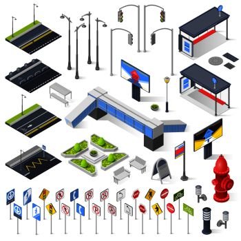 Set of city street isometric elements for construction of urban landscapes with lights bench road sections with markings traffic signposts isolated vector illustration. City Street Constructor Isometric Elements 