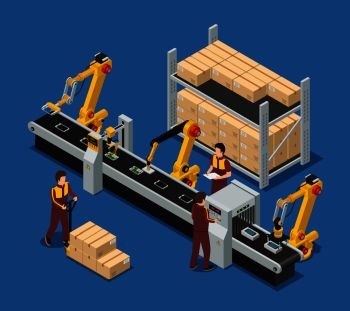 Electronics factory isometric composition with robotic conveyor line of touchscreen phones staff and package boxes vector illustration . Robotic Conveyor Line Of Touchscreen Phones 