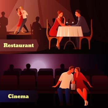Romantic dinner dating couples flat compositions with loving couple having a date in cinema and restaurant vector illustration. Sweethearts In Public Set