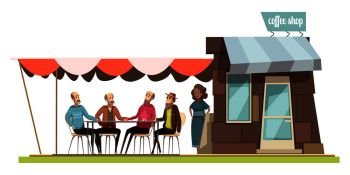 Family in coffee shop design composition with cartoon figurines of young woman and four elderly men talking at leisure vector illustration. Family In Coffee Shop Design Composition 