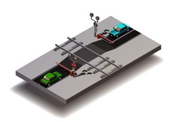 Road elements isometric composition with railway grade crossing with automatic gates put down and two cars vector illustration. Railway Crossing Isometric Composition