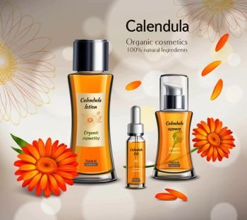 Organic cosmetics skincare products realistic advertisement poster with calendula extract essence lotion and oil background vector illustration . Cosmetics Products Realistic Advertisement Poster 
