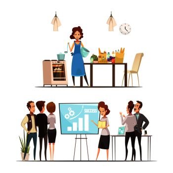 Motherhood 2 retro cartoon work family balance concept with  cooking home and successful business presentation isolated vector illustration . Motherhood Cartoon Work Family Concept