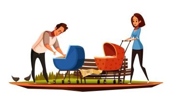 Parenthood duties retro cartoon poster with mother and father with 2 babies in prams outdoor vector illustration . Parenthood Oudoor Retro Cartoon Poster