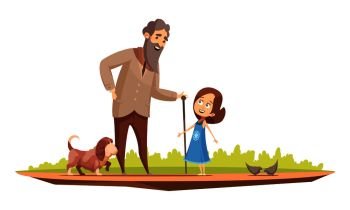 Old man senior character with cane walking with little girl and doggy outside retro cartoon poster vector illustration . Grandparent Senior Character Outdoor Cartoon