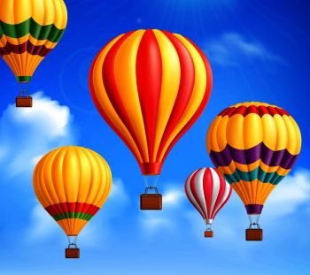 Colored hot air realistic balloons background against the sky with white clouds vector illustration. Hot Air Balloons Background