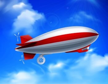 Colored and realistic zeppelin on sky composition with big dirigible in the sky vector illustration. Zeppelin On Sky Composition