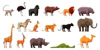 Wild animals retro cartoon collection of flat isolated jungle and african beast images on blank background vector illustration. Wild Tropical Animals Set