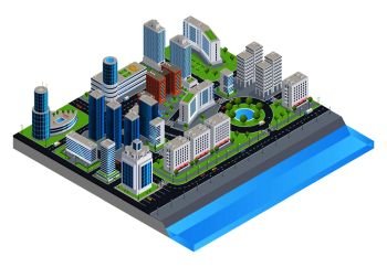 Isometric city composition with modern skyscrapers cars on streets parks and city embankment vector illustration. Isometric City Composition
