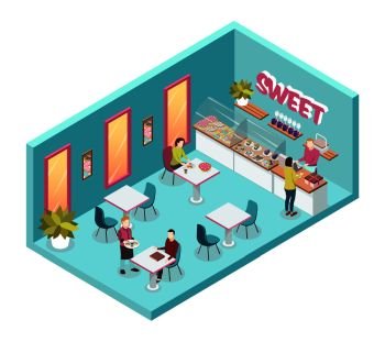 Sweet shop inside with waiters and consumers, counter, showcases with desserts, tables and chairs isometric vector illustration. Sweet Shop Inside Isometric Illustration