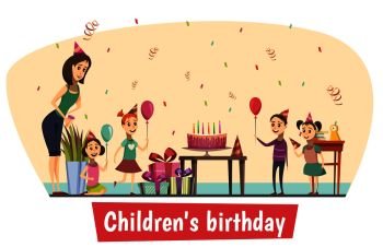 Birthday celebration composition with table cake and children cartoon vector illustration. Birthday Celebration Composition 