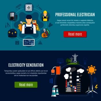Horizontal flat banners with electrician with professional equipment and electricity generation on blue background isolated vector illustration. Electricity Horizontal Banners