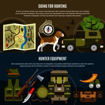 Hunting horizontal banners set with dog car and  supplies symbols flat isolated vector illustration. Hunting Horizontal Banners Set