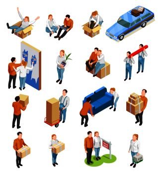 Moving people isometric collection of isolated human characters goods boxes and furniture for the new apartment vector illustration. Moving People Isometric Set