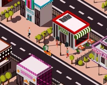 Pizzeria in city isometric background with street tables near restaurant, scooter for delivery and people vector illustration. Pizzeria Isometric Background