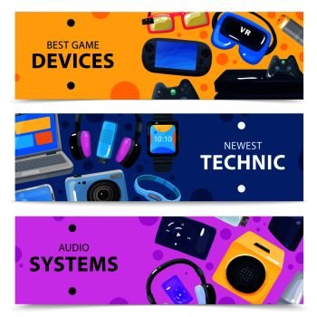 Character geek nerd horizontal banners collection with doodle images of various portable electronic devices and gadgets vector illustration. Smart Technics Banners Set