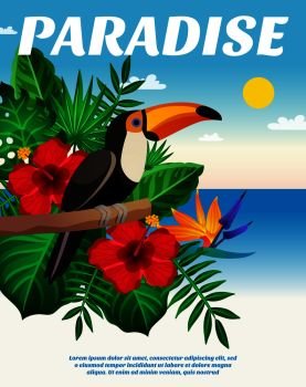 Tropical colored composition with exotic black bird with big beak on branch of a plant vector illustration. Tropical Colored Composition