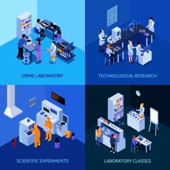 Crime laboratory, chemical practice classes, scientific experiments and technological research isometric design concept isolated vector illustration. Laboratory Isometric Design Concept