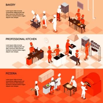 Horizontal isometric banners with staff of bakery, chefs in professional kitchen, cooking in pizzeria isolated vector illustration. Cooking Horizontal Isometric Banners