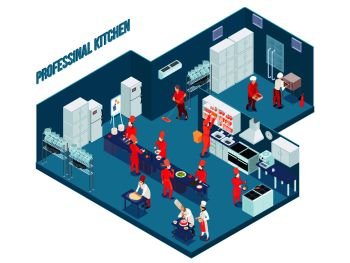 Professional kitchen in blue color with white grey furniture, equipment, utensils, staff in uniform isometric vector illustration. Professional Kitchen Isometric Illustration
