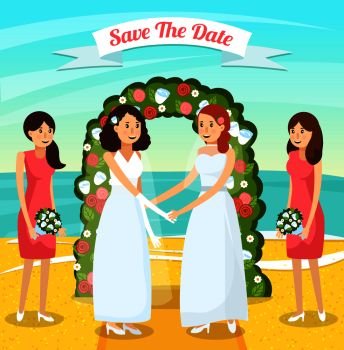 Colored and flat wedding people orthogonal composition with two women get married vector illustration. Colored Wedding People Orthogonal Composition