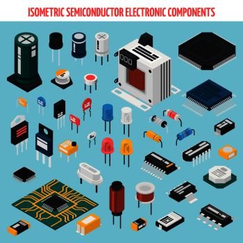 Colored isolated semiconductor electronic components isometric icon set with motherboard chips and other elements vector illustration. Semiconductor Electronic Components Isometric Icon Set