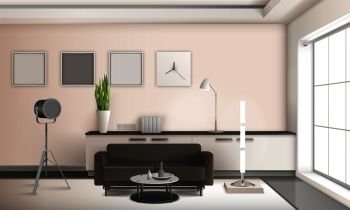 Realistic living room interior 3d design in light tones with furniture, french window, picture frames vector illustration. Realistic Living Room Interior 3D Design
