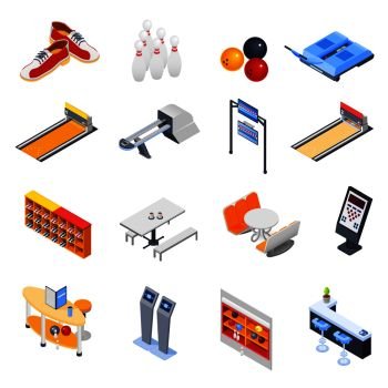 Bowling isometric icons with game equipment, cafe tables, shelves for shoes and balls isolated vector illustration. Bowling Isometric Icons