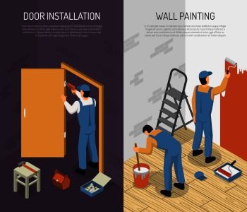 Isometric vertical renovation banners set with men installing door and painting walls 3d isolated vector illustration. Isometric Renovation Banners