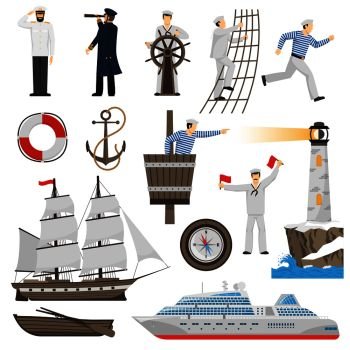Old-fashioned sailing ship and modern cruise liner flat  icons set with anchor helm compass vector illustration . Sailboat  Vessel  Attributes Icons Set 