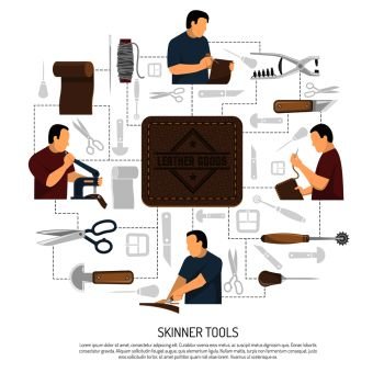 Skinner tools design concept with skinner figurines engaged in manufacture of clothing items and accessories flat vector illustration . Skinner Tools Design Concept 