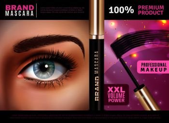 Mascara design background with female eye after applying professional make-up and mascara applicator with text vector illustration. Mascara Applicator Design Composition