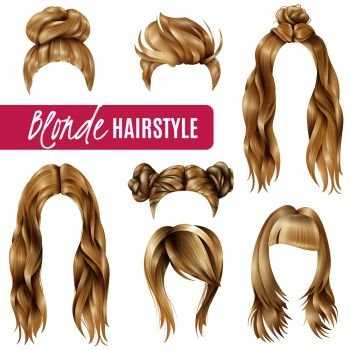 Set of coiffures for blond women with stylish haircuts and long hair, braided strands isolated vector illustration . Coiffures For Blond Women Set