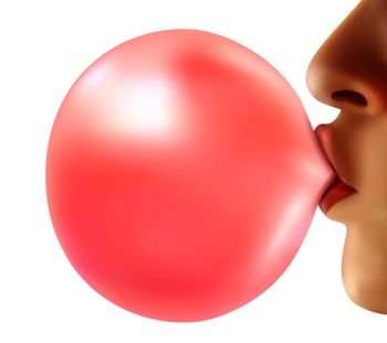 Female lips holding shiny pink bubble from chewing gum 3d design on white background realistic vector illustration. Realistic Bubble From Chewing Gum