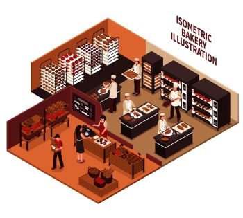 Bakery interior isometric vector illustration with professional ovens shelves with bread goods and trading room. Isometric Bakery Illustration