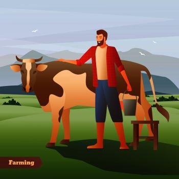 Smiling farmer with bucket near spotted cow on green pasture on mountain background flat composition vector illustration. Farmer With Cow Flat Composition