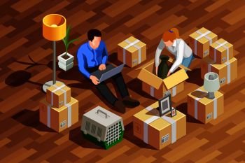 Moving people isometric composition with married couple human characters unpacking cardboard boxes in the new apartment vector illustration. Unpacking Boxes Isometric Composition