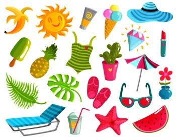 Collection of summer stuff including beach accessories, fruits, ice cream, starfish, diamond, sun, cactus isolated vector illustration. Collection Of Summer Stuff 